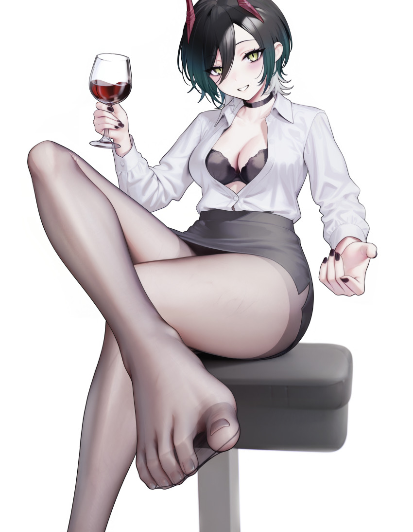 1girl, absurdres, alcohol, azur_lane, black_hair, bra, breasts, cleavage, crossed_legs, cup, drinking_glass, feet, highres, light_blush, looking_at_viewer, medium_hair, miniskirt, office_lady, open_clothes, open_shirt, pantyhose, parted_lips, skirt, smile, toes, ulrich_von_hutten_(azur_lane), underwear, wine, wine_glass, yanagi_(yan-agi), yellow_eyes