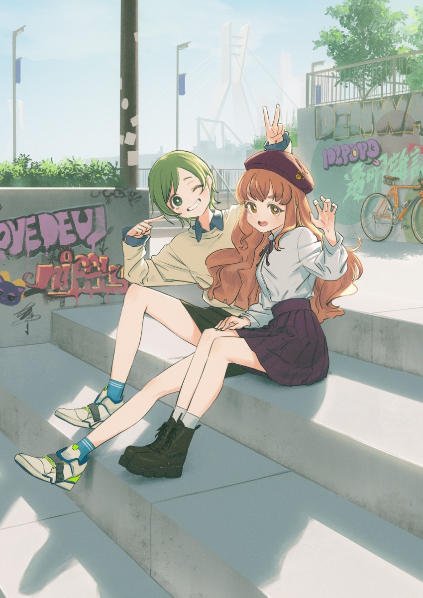 2girls, :d, beret, bicycle, black_boots, black_skirt, blue_shirt, blue_sky