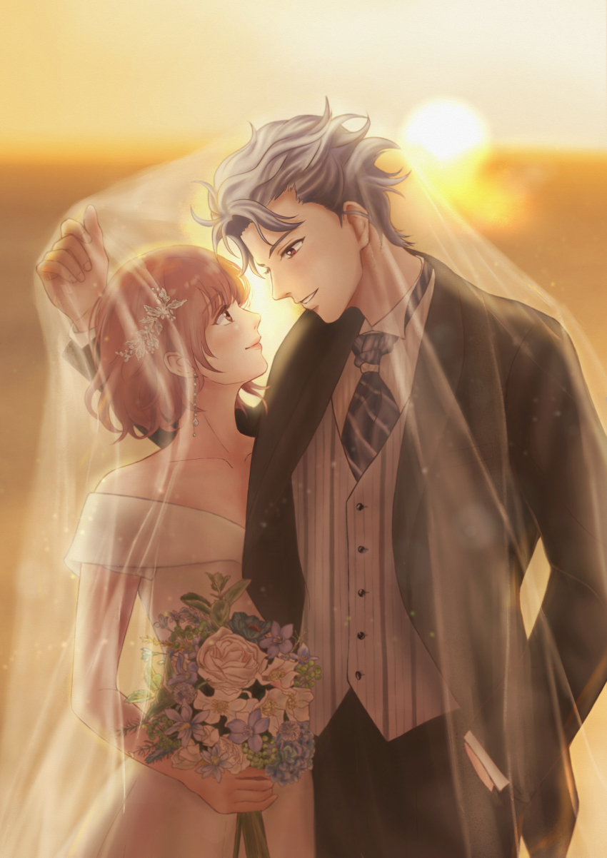 1boy, 1girl, black_suit, blue_necktie, bouquet, brown_hair, dress, earrings, eye_contact, flower, formal_clothes, grey_hair, grey_vest, hair_ornament, hand_in_pocket, hetero, highres, holding, holding_bouquet, jewelry, lily_(pixiv_8354895), looking_at_another, necktie, outdoors, protagonist_(tokimemo_gs3), shared_veil, shitara_seiji, short_hair, smile, standing, striped_clothes, striped_vest, suit, sunrise, tokimeki_memorial, tokimeki_memorial_girl's_side, tokimeki_memorial_girl's_side_3rd_story, veil, vest, wedding_dress, white_dress