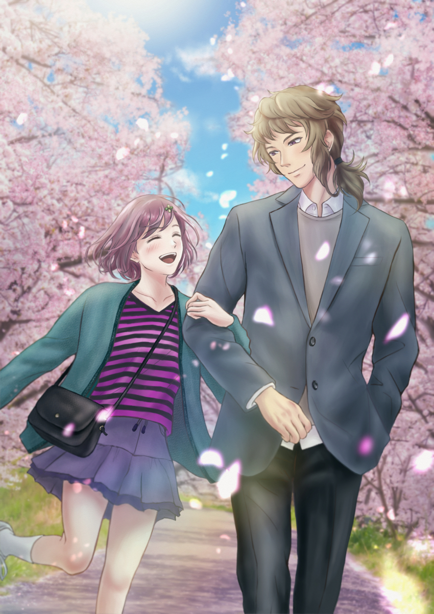 1boy, 1girl, black_pants, blurry, blurry_background, brown_hair, cherry_blossoms, clover_hair_ornament, day, green_jacket, grey_jacket, grey_skirt, grey_sweater_vest, hair_ornament, hetero, highres, jacket, lily_(pixiv_8354895), locked_arms, long_hair, medium_hair, mikage_kojirou, outdoors, pants, protagonist_(tokimemo_gs4), shirt, skirt, socks, standing, striped_clothes, striped_shirt, sweater_vest, tokimeki_memorial, tokimeki_memorial_girl's_side, tokimeki_memorial_girl's_side_4th_heart, white_socks