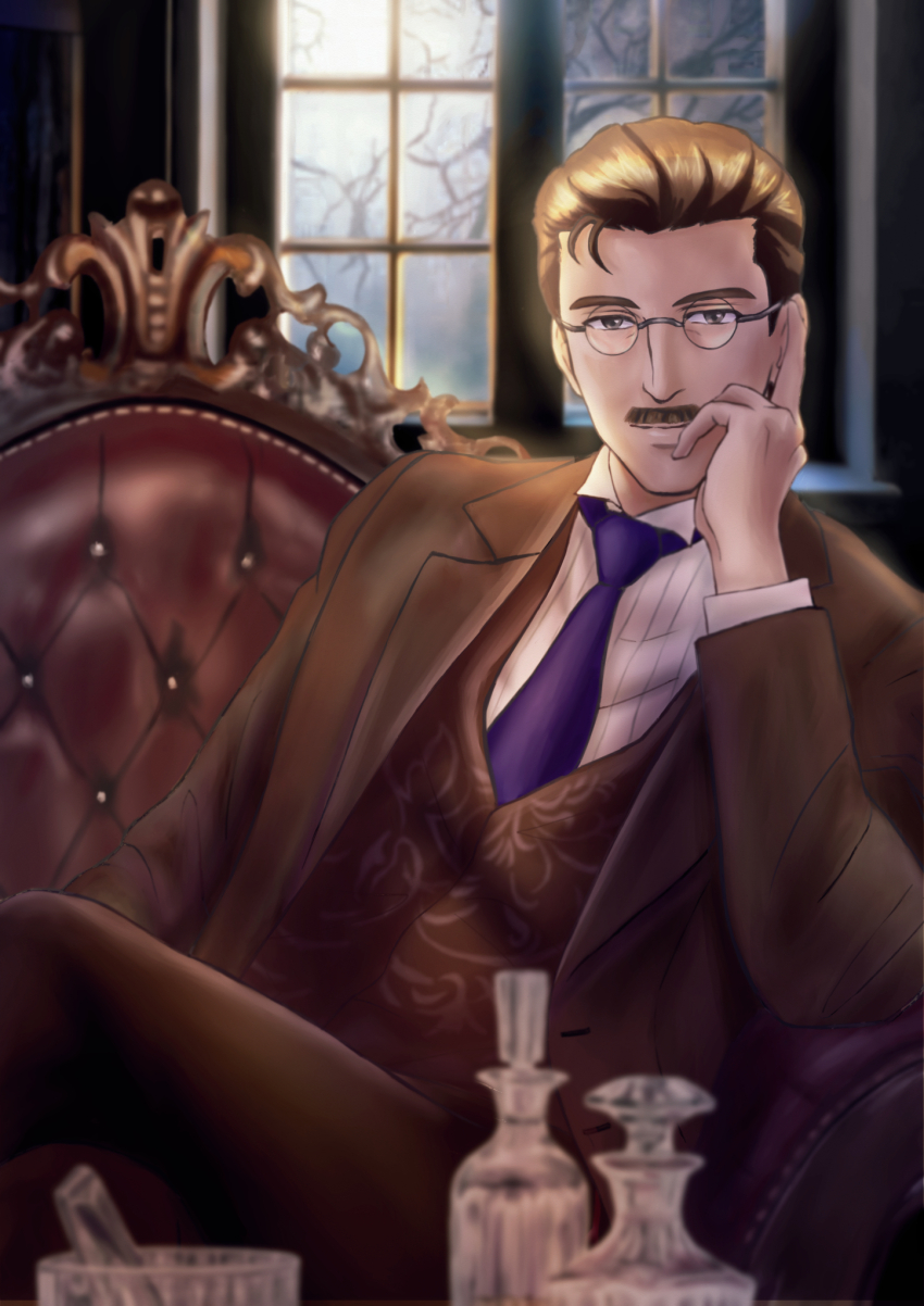 1boy, amanohashi_ikkaku, blue_necktie, bottle, brown_hair, brown_suit, brown_vest, facial_hair