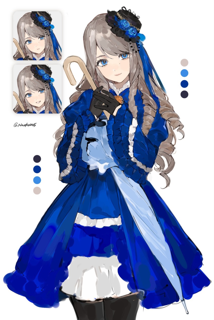 1girl, black_gloves, black_hat, black_thighhighs, blue_dress, blue_eyes, blue_flower, blue_ribbon