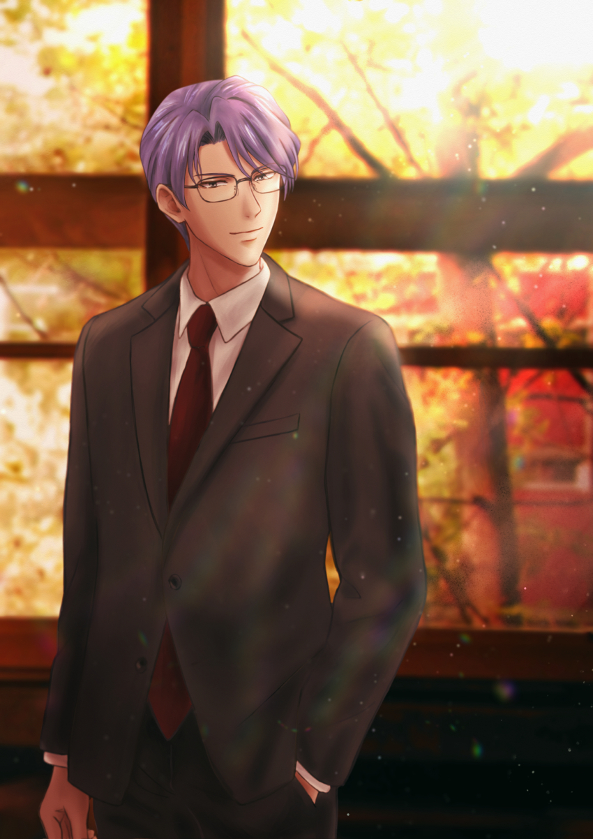 1boy, autumn, black_pants, blurry, blurry_background, formal_clothes, grey_suit, hand_in_pocket