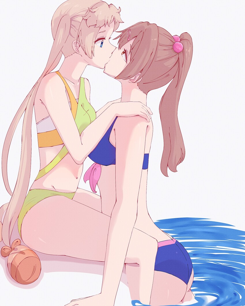 2girls, bare_arms, between_legs, bikini, blue_bikini, blush, breasts, brown_hair