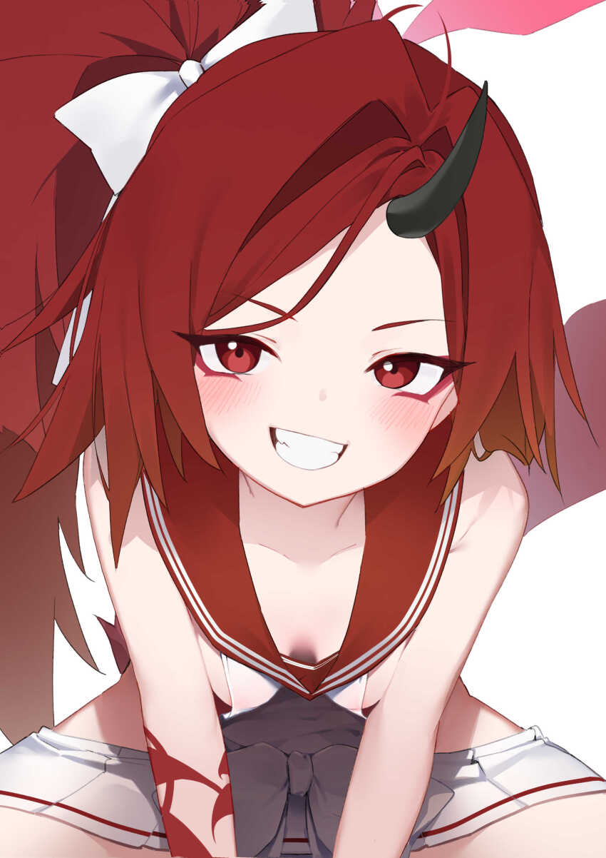 1girl, :d, absurdres, blue_archive, blush, breasts, commentary, grin