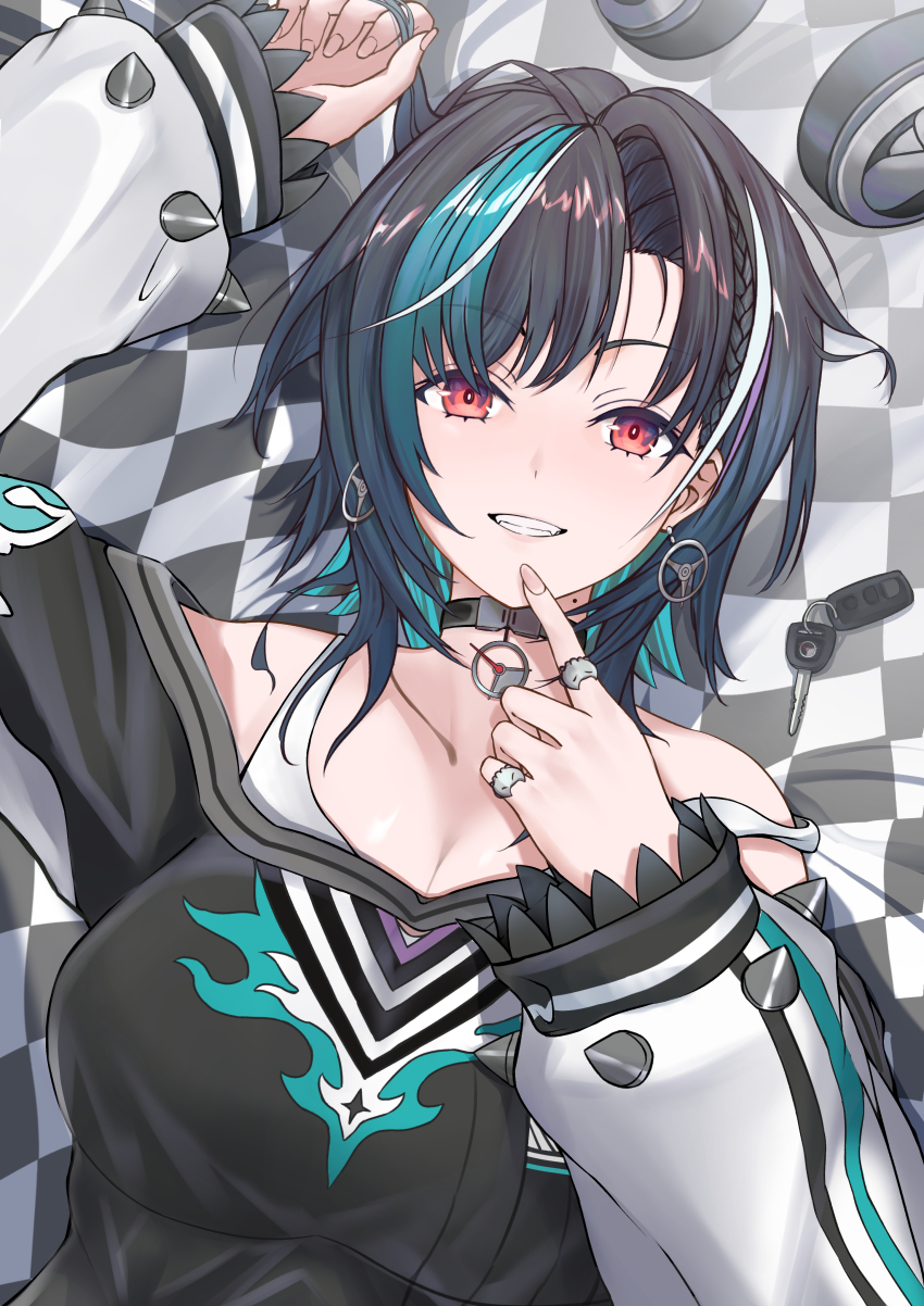 1girl, absurdres, aqua_hair, black_choker, black_dress, black_hair, breasts, choker, cleavage, closed_mouth, dress, earrings, headphones, highres, hololive, hololive_dev_is, jewelry, large_breasts, looking_at_viewer, miura_koo, mole, mole_on_neck, multicolored_hair, red_eyes, rindo_chihaya, rindo_chihaya_(1st_costume), ring, shirt, short_hair, smile, solo, streaked_hair, virtual_youtuber, white_hair, white_shirt