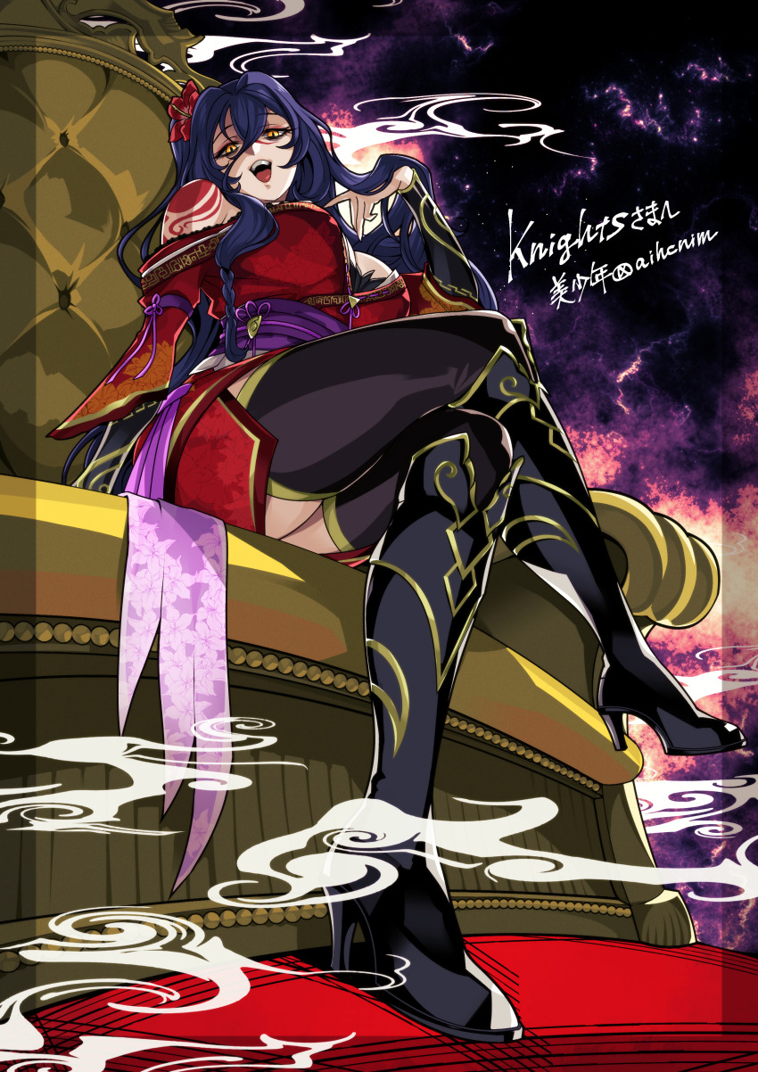 1girl, absurdres, arienne_(knights), artist_name, bags_under_eyes, black_hair, boots, breasts