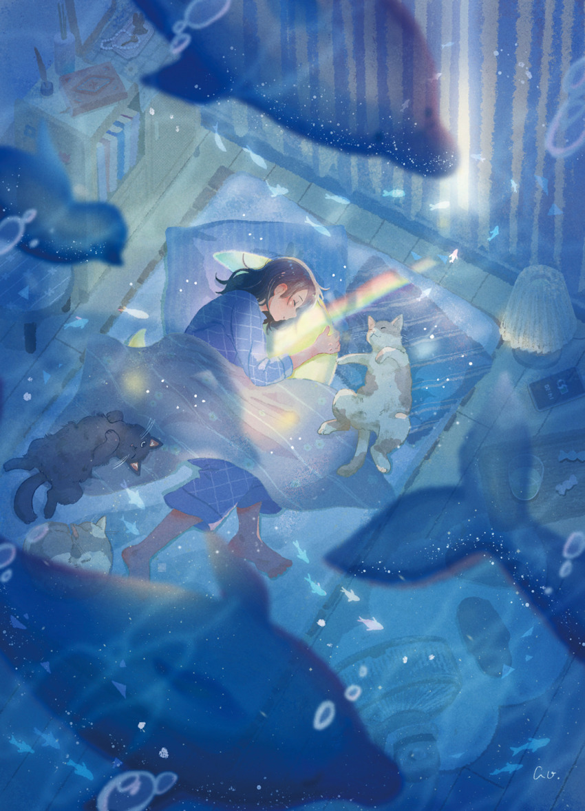 1girl, animal, ao_(aohari), barefoot, black_hair, blue_pajamas, book, bubble