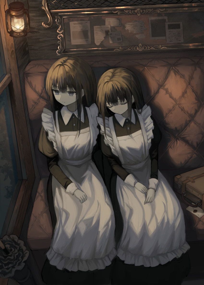 2girls, @_@, absurdres, apron, black_dress, black_hair, closed_mouth, closed_umbrella