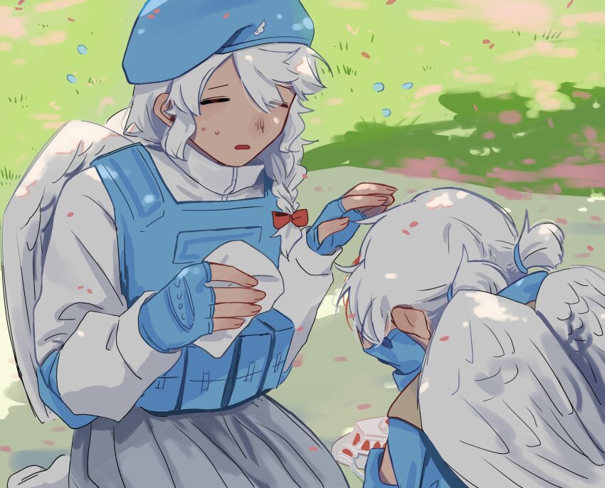 2girls, angel_wings, beret, blue_gloves, blue_hat, braid, closed_eyes, crying, face_in_hands, fingerless_gloves, gloves, handkerchief, hat, highres, holding, holding_handkerchief, kanna_(love-bullet), kneeling, koharu_(love-bullet), load_bearing_vest, long_sleeves, love-bullet, muagiong, multiple_girls, open_mouth, short_twintails, side_braid, twintails, white_hair, white_wings, wings