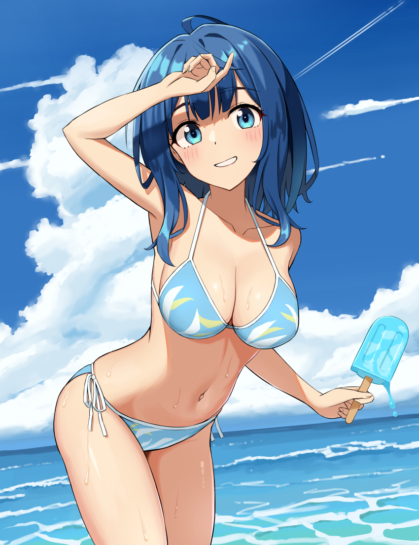1girl, absurdres, arm_up, armpits, beach, bikini, blue_bikini, blue_eyes