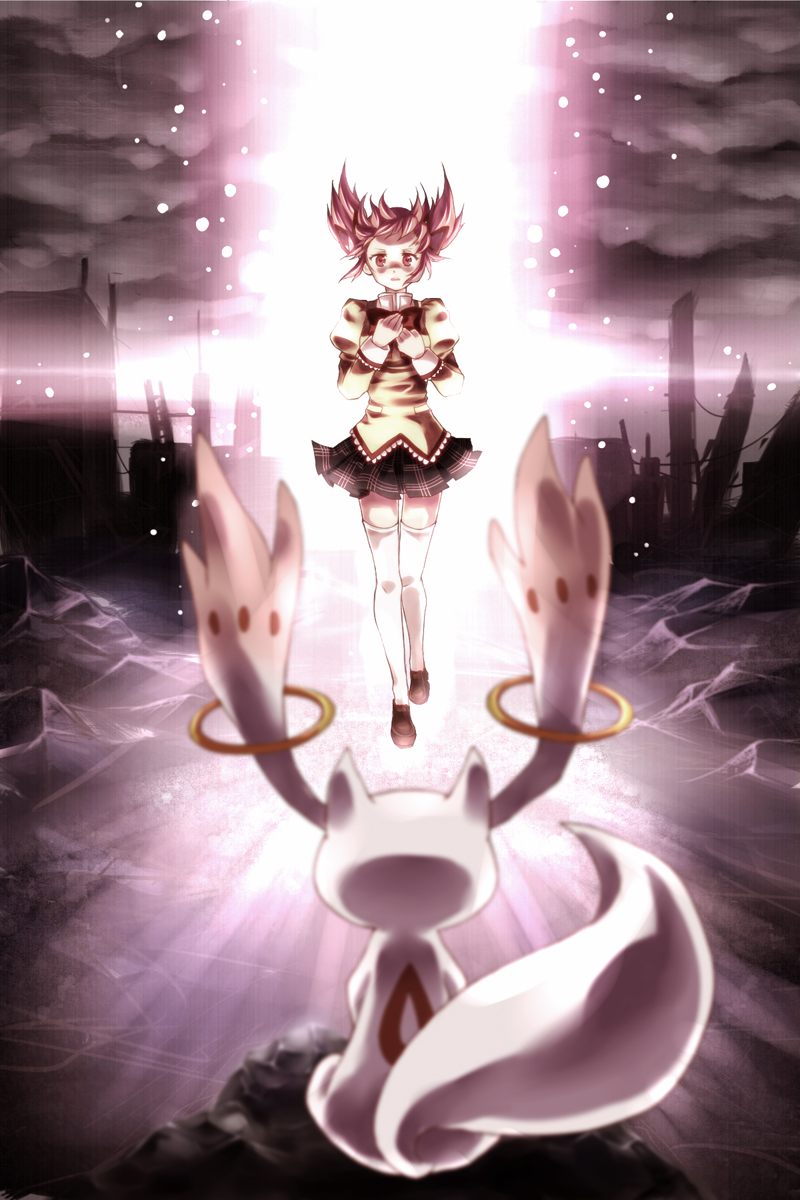 10s, 1girl, beam, blurry, bow, building, cloud, depth_of_field