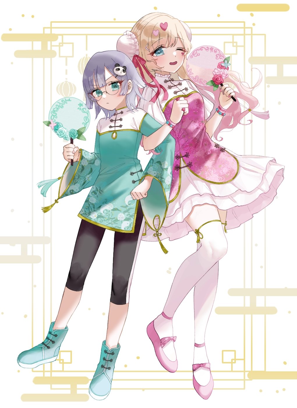 2girls, ;d, alternate_costume, alternate_hairstyle, awahuji_miyuki, blonde_hair, blue_boots, blue_eyes