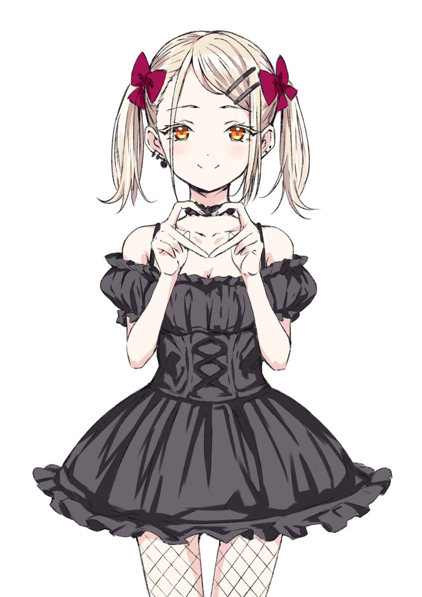 1girl, four-finger_heart_hands, alternate_hair_length, alternate_hairstyle, bare_shoulders, black_dress, blush, bow, dress, fishnet_pantyhose, fishnets, flat_chest, gakuen_idolmaster, hair_bow, heart, heart_hands, highres, idolmaster, ituki_tubomi, looking_at_viewer, orange_eyes, pantyhose, shinosawa_hiro, short_dress, short_hair, simple_background, smile, solo, straight-on, twintails, white_background
