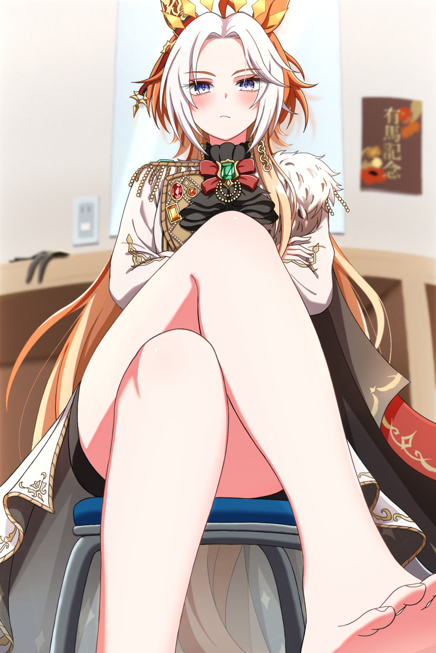 1girl, ahoge, animal_ears, ascot, barefoot, black_ascot, black_gloves, black_thighhighs