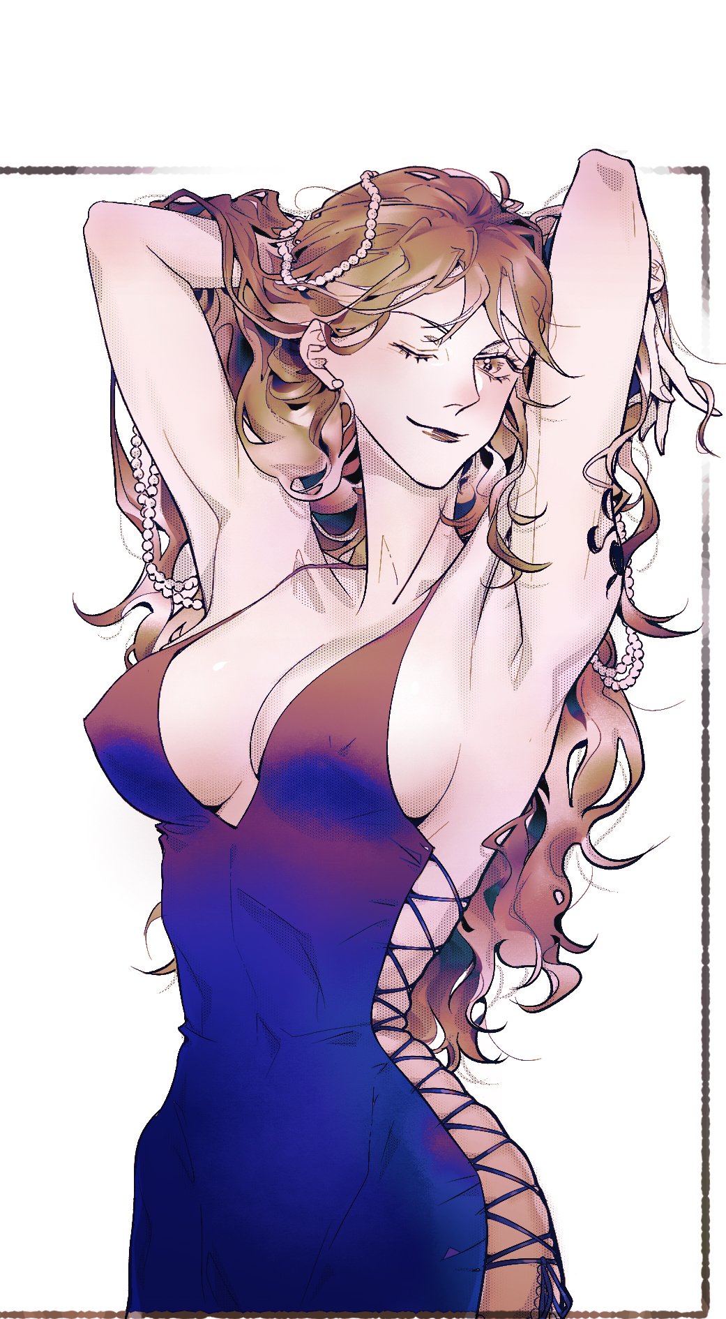 1girl, arm_tattoo, arms_up, breasts, cleavage, commentary_request, covered_erect_nipples, cowboy_shot