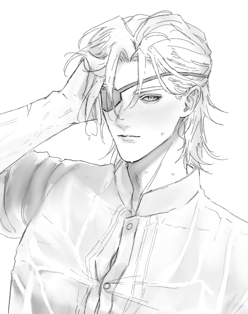 1boy, absurdres, arm_up, buttons, closed_mouth, collared_shirt, commentary_request, curtained_hair