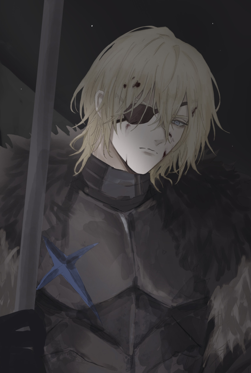 1boy, absurdres, armor, black_armor, black_fur, black_gloves, blonde_hair, blood