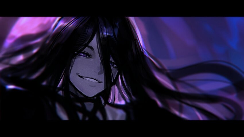 1girl, black_dress, black_hair, dress, eris_illmater, evil_smile, letterboxed, long_hair