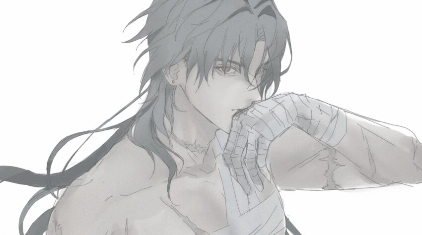 1boy, absurdres, arm_up, bandaged_chest, bandaged_hand, bandages, black_hair, blade_(honkai:_star_rail), closed_mouth, commentary, curtained_hair, earrings, grey_background, hashtag-only_commentary, highres, honkai:_star_rail, honkai_(series), jewelry, long_hair, looking_to_the_side, male_focus, piercing, red_eyes, scar, scar_on_arm, scar_on_chest, scar_on_neck, simple_background, solo, stud_earrings, topless_male, upper_body, utatanedeko, very_long_hair, wiping_face