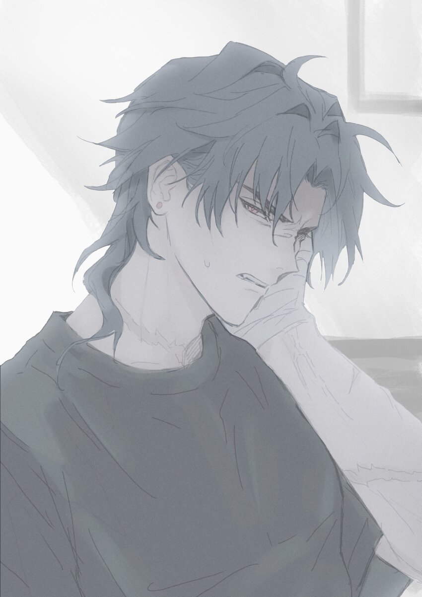 1boy, absurdres, bandaged_hand, bandages, black_shirt, blade_(honkai:_star_rail), clenched_teeth, commentary_request