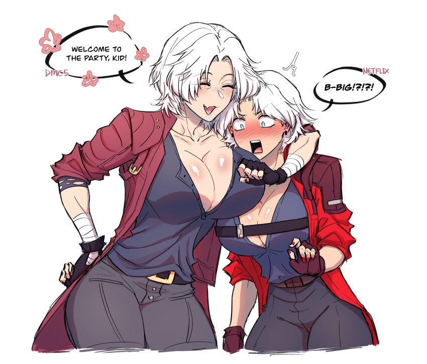 2girls, black_gloves, blush, breasts, cleavage, closed_eyes, clothes_grab, coat, dante_(devil_may_cry), devil_may_cry_(netflix), devil_may_cry_(series), devil_may_cry_5, dual_persona, english_text, fingerless_gloves, genderswap, genderswap_(mtf), gloves, highres, in-franchise_crossover, jacket, large_breasts, mature_female, multiple_girls, pichuuuchan, red_coat, short_hair, simple_background, white_hair