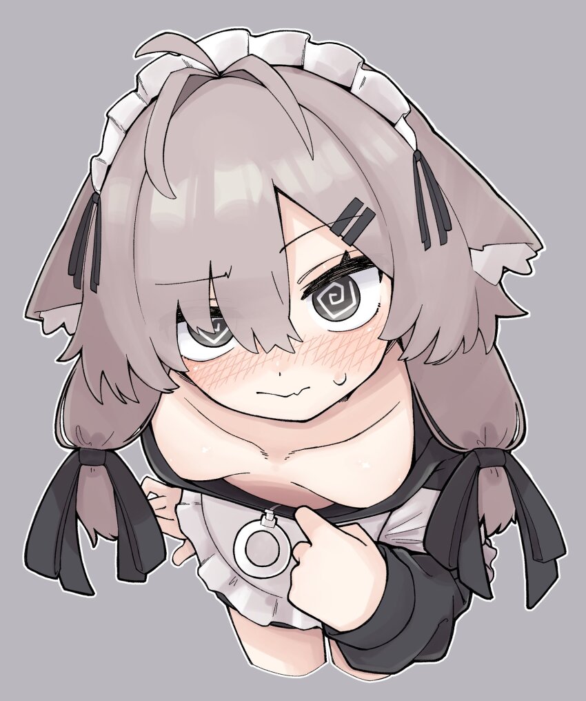 1girl, @_@, ahoge, animal_ear_fluff, animal_ears, antenna_hair, apron, black_ribbon