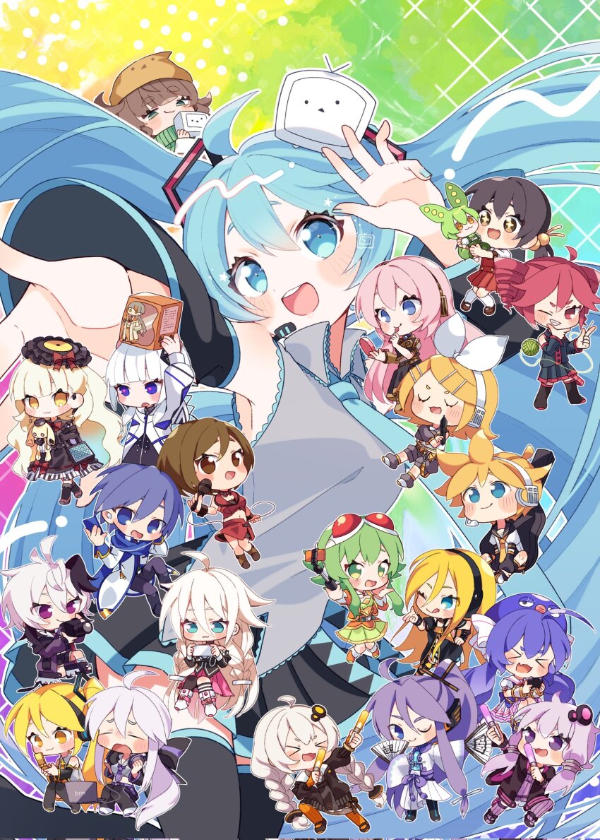 +_+, 4boys, 6+girls, :3, ahoge, applying_makeup, arm_warmers, arms_up