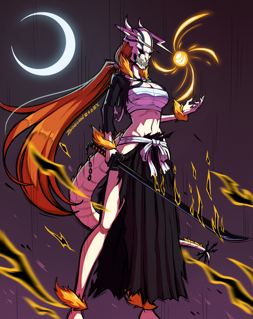 1girl, absurdres, artist_name, asymmetrical_horns, bandaged_chest, black_kimono, bleach, breasts, chest_tattoo, cleavage, commentary, cosplay, crescent_moon, deviantart_logo, english_commentary, fingernails, full_body, gradient_background, highres, holding, holding_sword, holding_weapon, hollow_ichigo, hollow_ichigo_(full_hollow), hollow_mask, horns, inoue_orihime, instagram_logo, japanese_clothes, kimono, kurosaki_ichigo, kurosaki_ichigo_(cosplay), large_breasts, long_hair, midriff, moon, navel, orange_hair, patreon_logo, pelvic_curtain, ponytail, revealing_clothes, sash, sharp_fingernails, sharp_teeth, shihakusho, shinigami, solo, sword, tail, tail_ornament, tattoo, teeth, teiwicked, tensa_zangetsu_(bankai), torn_clothes, torn_kimono, twitter_logo, weapon, white_sash, white_tail