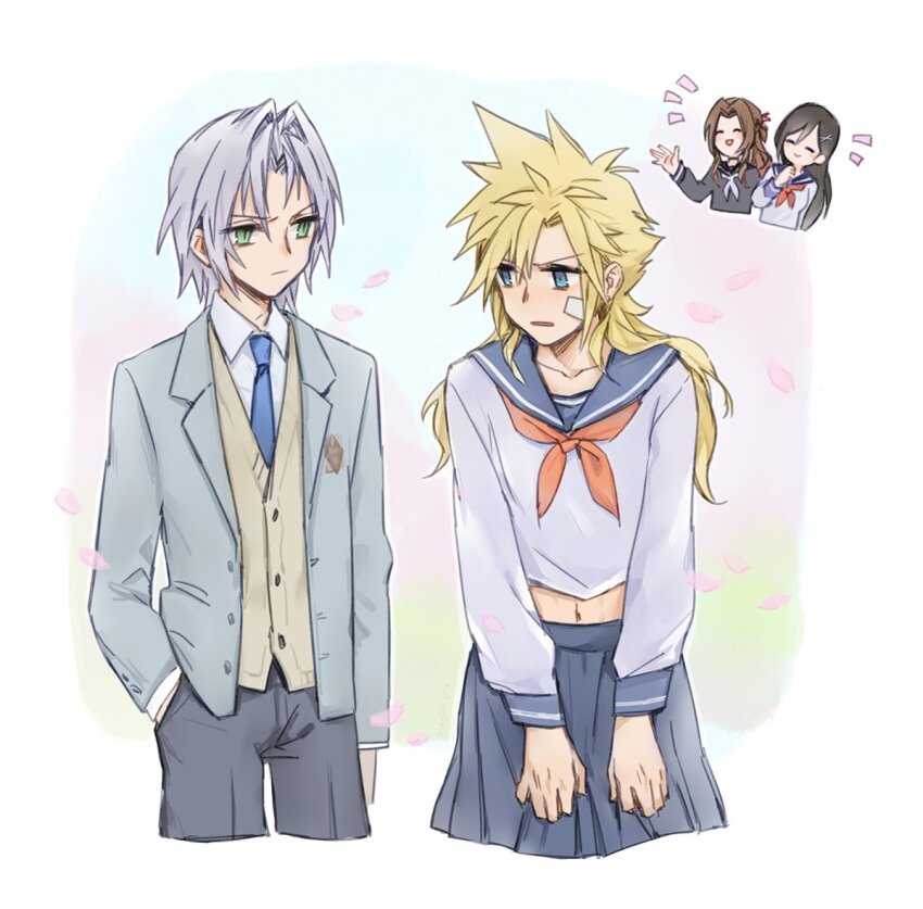 2boys, 2girls, aerith_gainsborough, aerith_gainsborough_(midgard_seventh_high_school), alternate_costume, bandage_on_face, bandages, black_hair