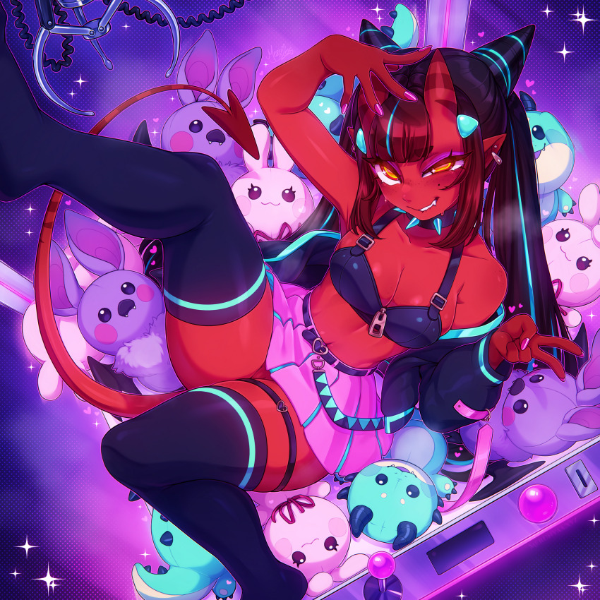 1girl, arm_up, black_bra, black_hair, black_thighhighs, blunt_bangs, blush, bra, breasts, brown_hair, cleavage, crane_game, fang, hair_horns, highres, in_crane_game, large_breasts, long_hair, meruccubus_(merunyaa), merunyaa, miniskirt, nail_polish, orange_eyes, original, pink_nails, pink_skirt, pointy_ears, skirt, smile, stuffed_animal, stuffed_bat, stuffed_octopus, stuffed_toy, tail, teeth, thighhighs, underwear
