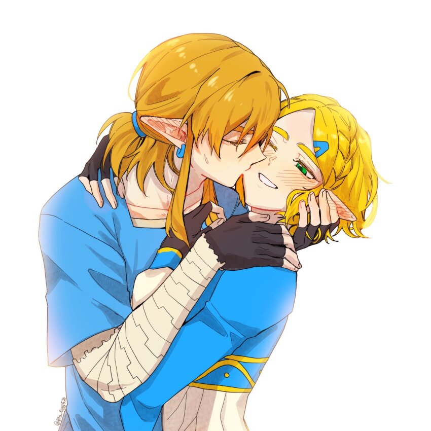 1boy, 1girl, big_egg526, blonde_hair, blue_shirt, blush, brown_hair, champion's_tunic_(zelda)
