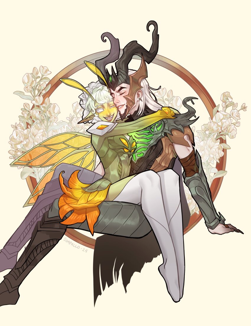 1boy, 1girl, absurdres, alien, bodysuit, breasts, guardians_of_the_galaxy, highres, hug, loki_(all-butcher)_(marvel), loki_(marvel), long_hair, mantis_(flora_maiden)_(marvel), mantis_(marvel), marvel, marvel_rivals, pointy_ears, short_hair, smile, soapallo, wings