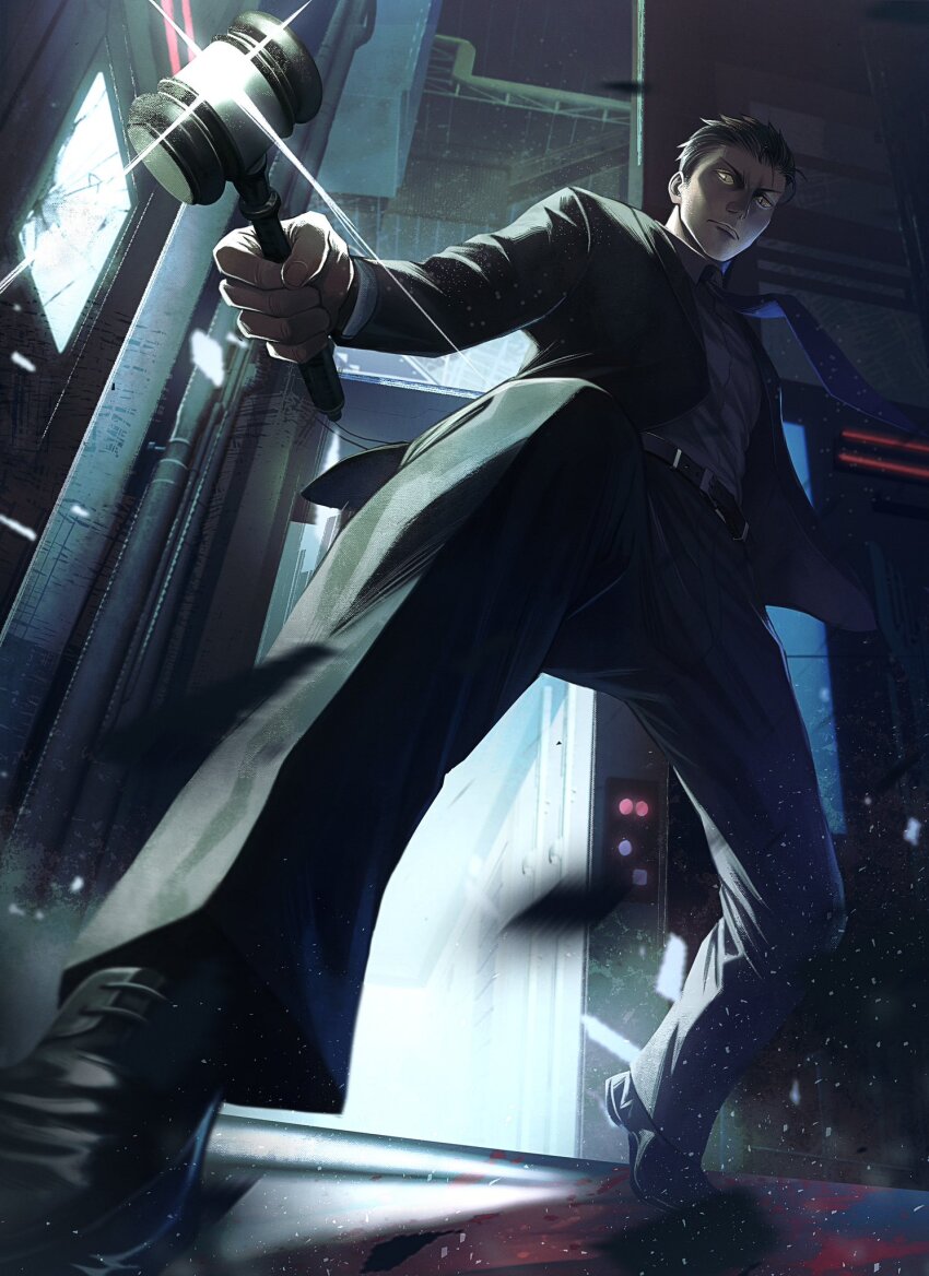 1boy, belt, black_jacket, black_shoes, black_suit, blood, blood_on_ground, blue_necktie