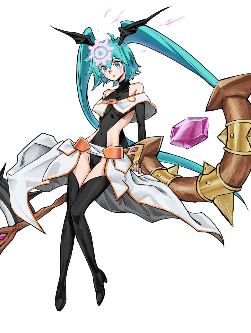 1girl, agarori_(b9yhn), aqua_eyes, aqua_hair, bare_shoulders, black_leotard, black_thighhighs, black_wings