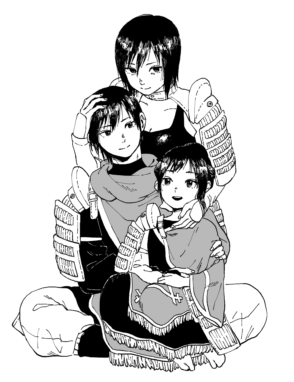 1boy, 2girls, ancestor_and_descendant, armor, black_hair, bob_cut, bodysuit, breasts