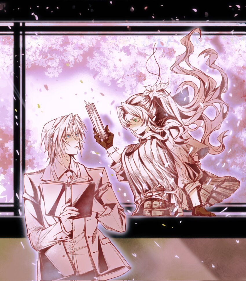 1boy, 1girl, aerith_gainsborough, aerith_gainsborough_(midgard_seventh_high_school), aqua_eyes, black_gloves, black_sailor_collar, book