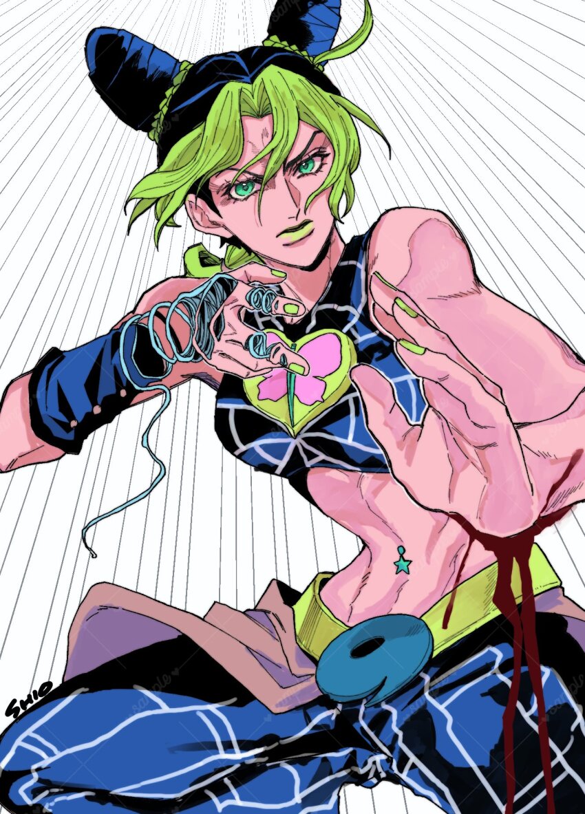 1girl, 99g_q, animal_print, aqua_eyes, blood, braid, braided_ponytail, brooch, butterfly_print, crop_top, double_bun, fighting_stance, glaring, green_hair, green_lips, green_nails, hair_bun, hands_up, heart, heart_brooch, highres, jewelry, jojo_no_kimyou_na_bouken, kuujou_jolyne, looking_at_viewer, midriff, motion_lines, multicolored_hair, muscular, muscular_female, navel_piercing, pants, piercing, solo, speed_lines, spider_web_print, stone_ocean, string, two-tone_hair, wristband