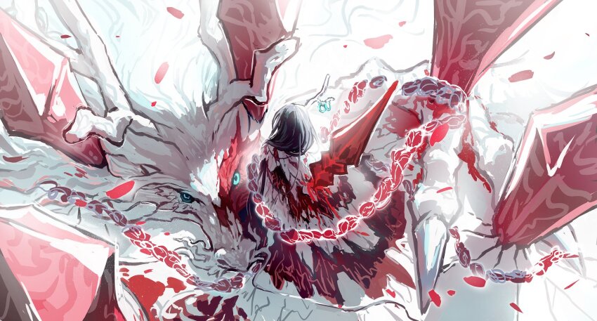 1boy, black_hair, blood, blood_on_clothes, coat, dragon, dragon_horns, e.g.o_(project_moon)