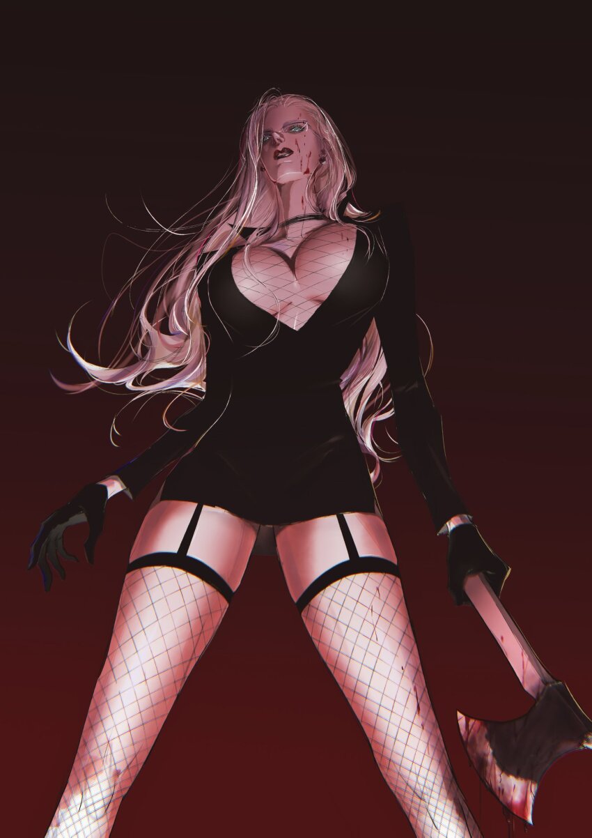 1girl, axe, black_dress, black_gloves, blonde_hair, blood, blood_on_face, bloody_weapon, blue_eyes, breasts, cleavage, commentary, cowboy_shot, dress, fishnet_thighhighs, fishnets, garter_straps, glasses, gloves, gradient_background, highres, holding, holding_axe, kalifa_(one_piece), large_breasts, long_hair, long_sleeves, looking_at_viewer, one_piece, parted_lips, red_background, red_lips, simple_background, smdsqi, solo, thighhighs, weapon