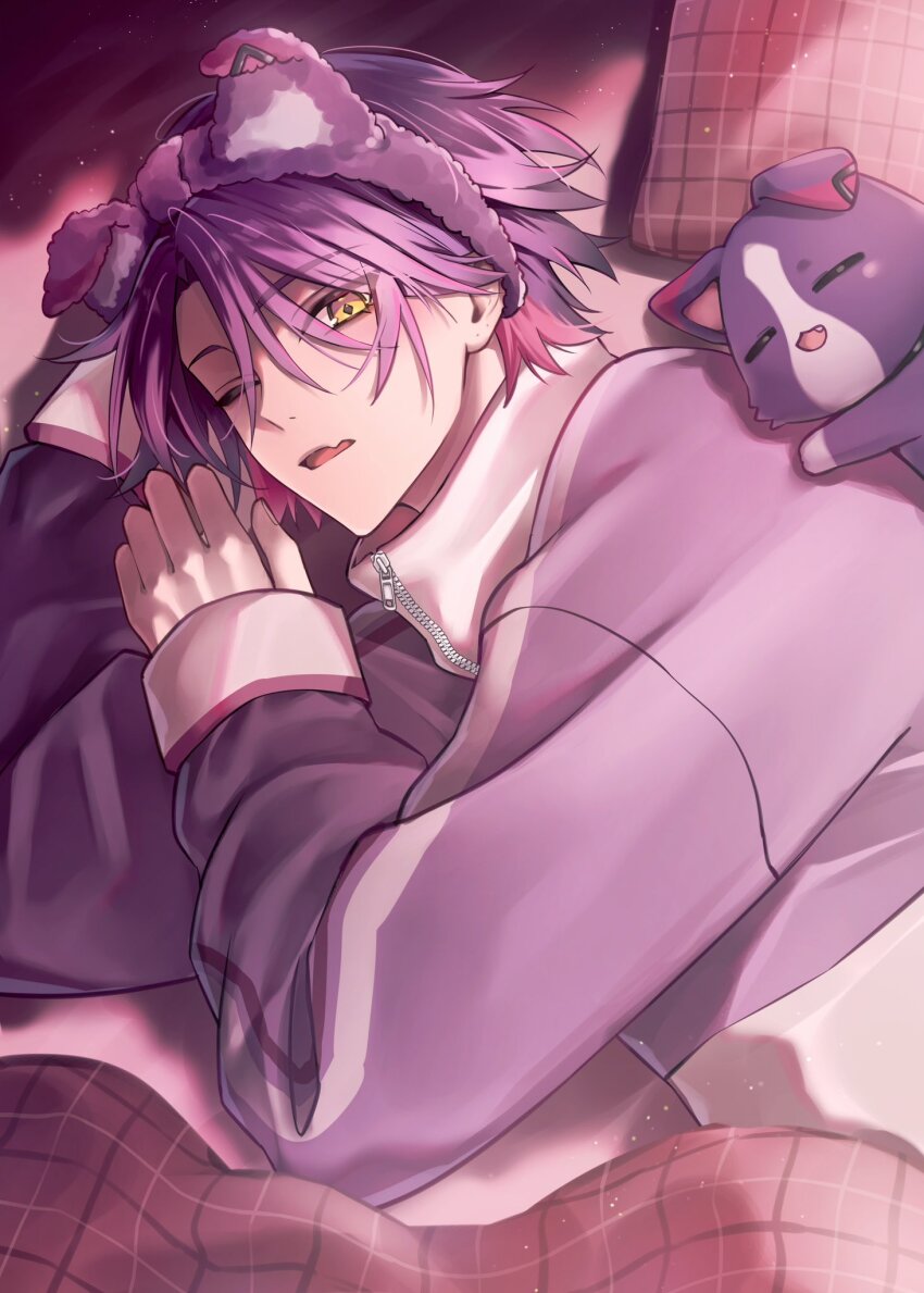 1boy, animal_ear_hairband, animal_ears, arm_up, closed_eyes, commentary, fake_animal_ears, hairband