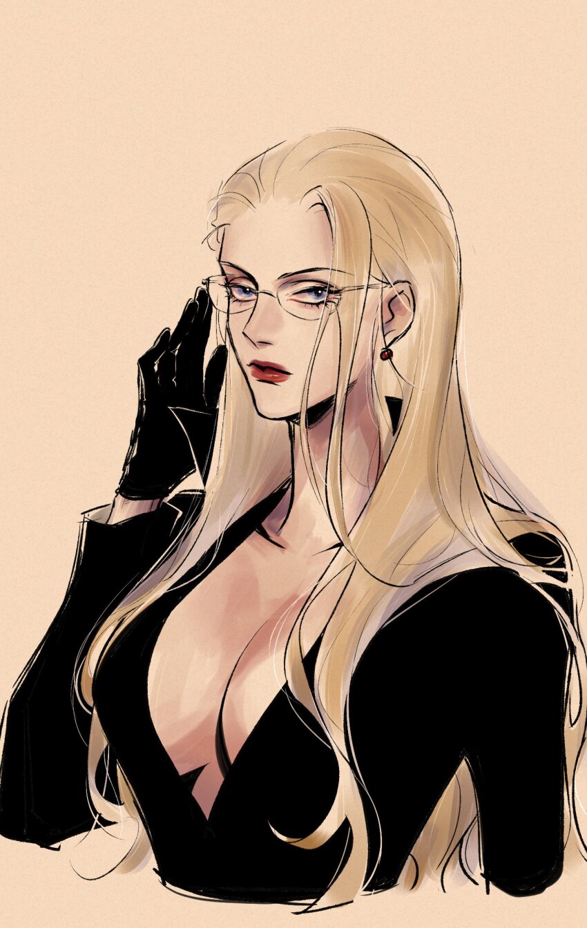 1girl, black_dress, black_gloves, blonde_hair, blue_eyes, breasts, cleavage, closed_mouth