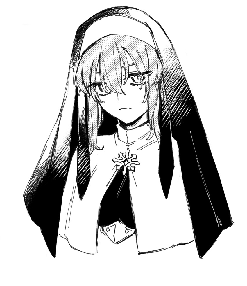 1girl, capelet, ender_lilies_quietus_of_the_knights, expressionless, greyscale, guardian_siegrid, highres, long_hair