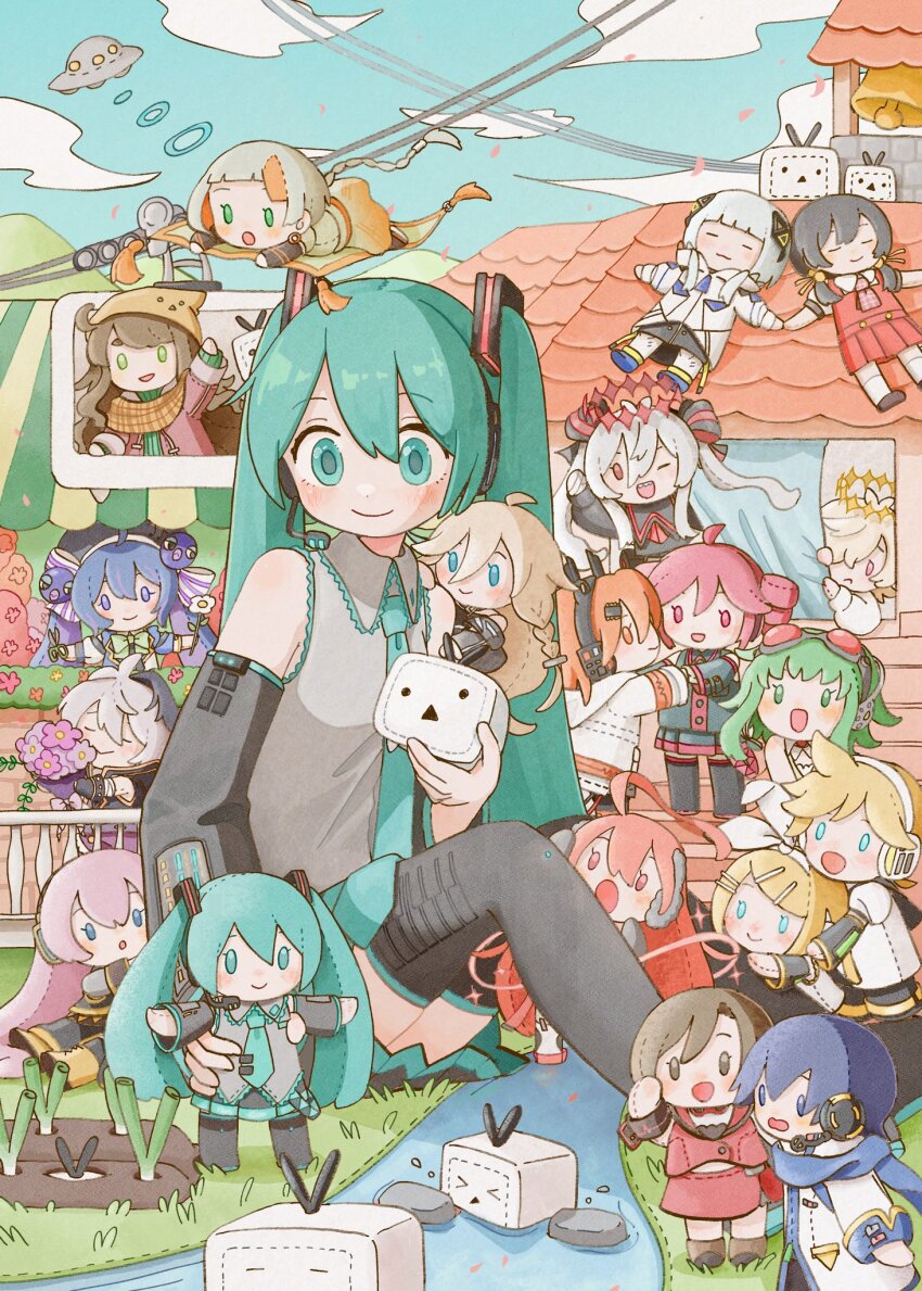 1girl, a.i._voice, adachi_rei, black_skirt, black_sleeves, black_thighhighs, blue_eyes, blue_hair, blue_necktie, blue_sky, blush, cevio, character_doll, chis-a, cloud, collared_shirt, commentary_request, day, detached_sleeves, doll, gekiyaku, gekiyaku_(vocaloid6), grass, grey_shirt, gumi, hair_between_eyes, hatsune_miku, highres, holding, holding_doll, kaai_yuki, kafu_(cevio), kagamine_len, kagamine_rin, kaito_(vocaloid), kamitsubaki_studio, kasane_teto, kasane_teto_(utau), kazehiki_(utau), kazehiki_(vocaloid6), kurita_maron, lily_(vocaloid), megurine_luka, meiko_(vocaloid), necktie, niconico, on_floor, otomachi_una, outdoors, river, sabaku_(saba9), sf-a2_miki, shirt, skirt, sky, sleeveless, sleeveless_shirt, smile, terebi-chan, thighhighs, twintails, ufo, utau, vocaloid, voisona, wing_collar