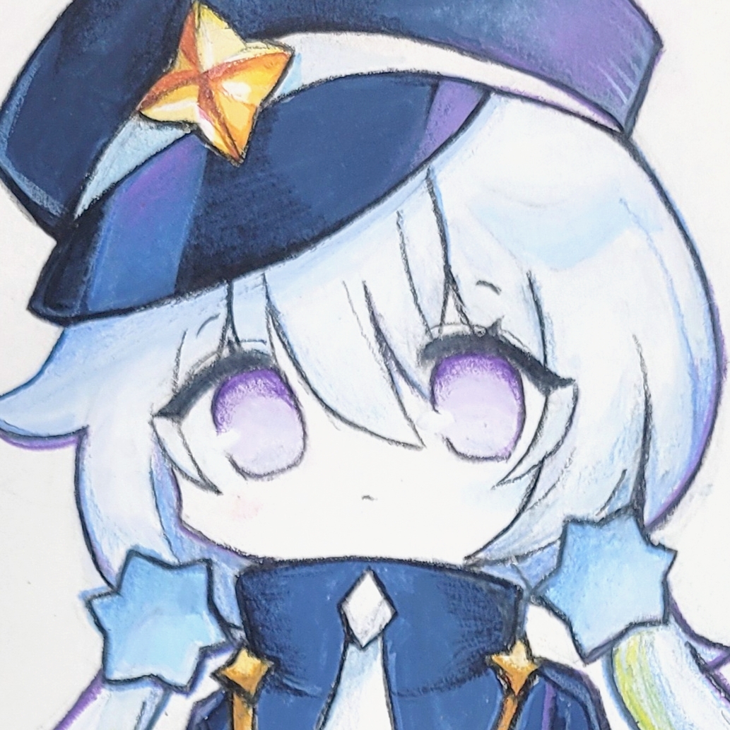 1girl, a_xme, black_hat, buttons, colored_skin, cookie_run, cookie_run:_kingdom, dress, hair_ornament, hat, humanization, long_hair, long_sleeves, looking_at_viewer, low_twintails, milky_way_cookie, necktie, purple_eyes, solo, star_(symbol), twintails, very_long_hair, white_hair, white_skin