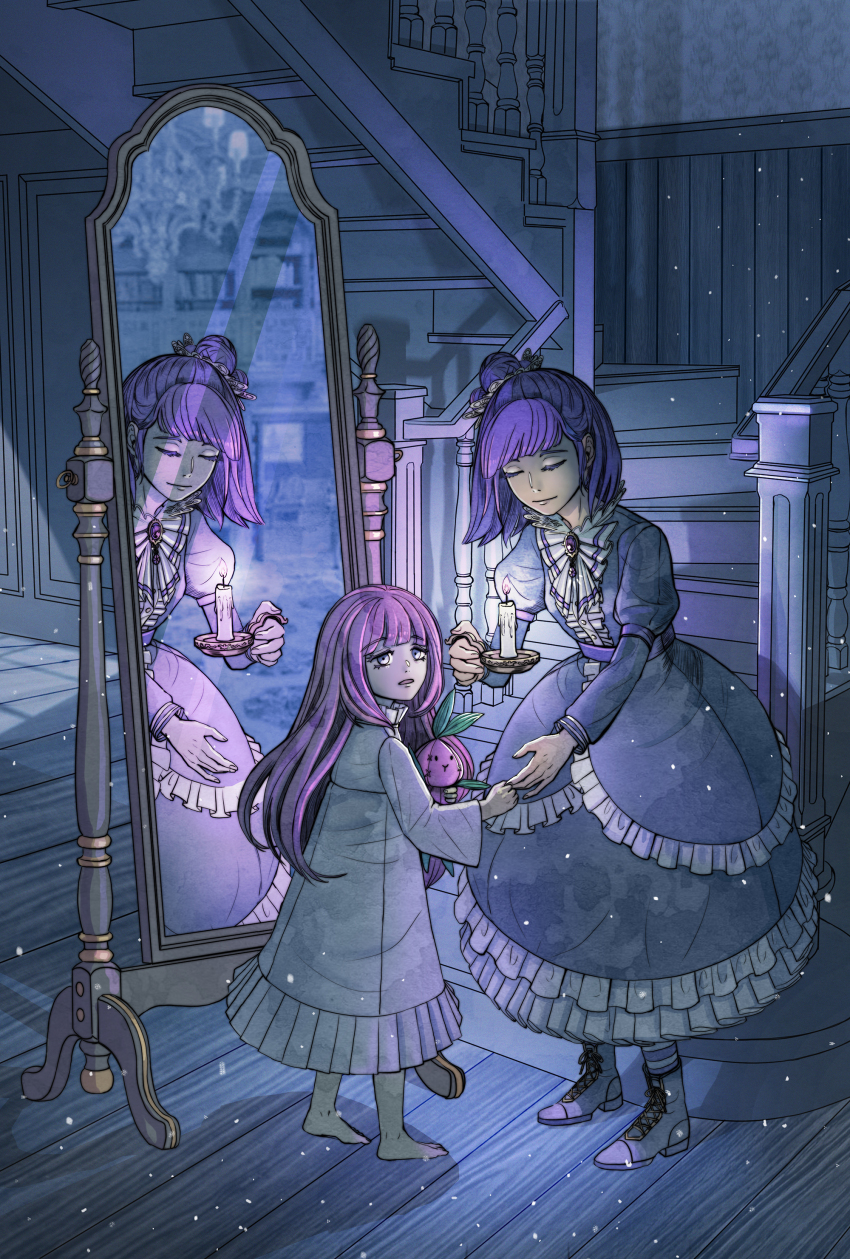 2girls, absurdres, barefoot, black_dress, blackberry_cookie, bow, brooch, candle