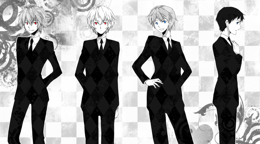 4boys, ayanami_rei, blue_eyes, formal_clothes, genderswap, genderswap_(ftm), greyscale, ikari_shinji