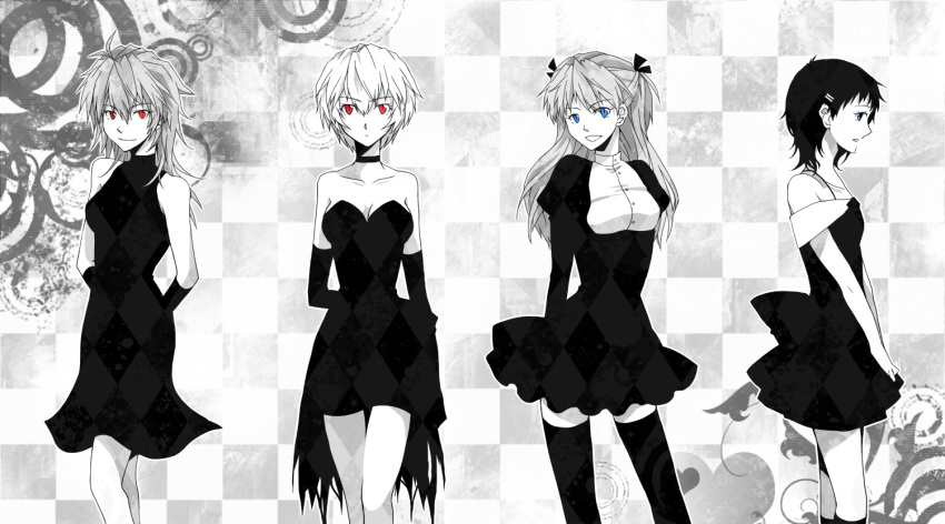 4girls, ayanami_rei, blue_eyes, breasts, choker, cleavage, elbow_gloves, formal_clothes, genderswap, genderswap_(mtf), gloves, greyscale, ikari_shinji, lifegoeson, medium_breasts, monochrome, multiple_girls, nagisa_kaworu, neon_genesis_evangelion, red_eyes, shin-chan_(evangelion), souryuu_asuka_langley, spot_color, thighhighs