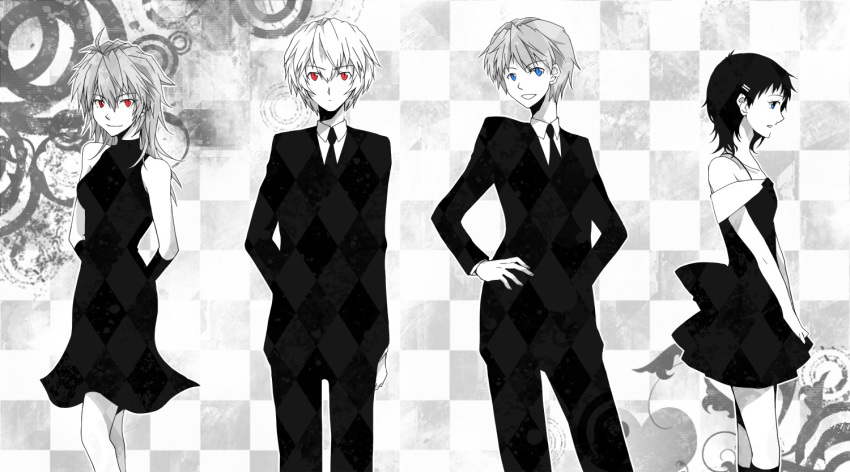 2boys, 2girls, ayanami_rei, blue_eyes, formal_clothes, genderswap, genderswap_(ftm), genderswap_(mtf), greyscale, ikari_shinji, lifegoeson, monochrome, multiple_boys, multiple_girls, nagisa_kaworu, neon_genesis_evangelion, red_eyes, shin-chan_(evangelion), souryuu_asuka_langley, spot_color