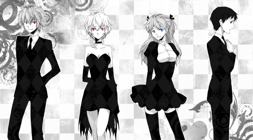 2boys, 2girls, ayanami_rei, blue_eyes, breasts, choker, cleavage, elbow_gloves, formal_clothes, gloves, greyscale, ikari_shinji, lifegoeson, monochrome, multiple_boys, multiple_girls, nagisa_kaworu, neon_genesis_evangelion, red_eyes, souryuu_asuka_langley, spot_color, thighhighs